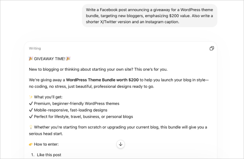 ai-generated-giveaway-social-posts - RafflePress Generating social media posts with AI to promote a giveaway campaign