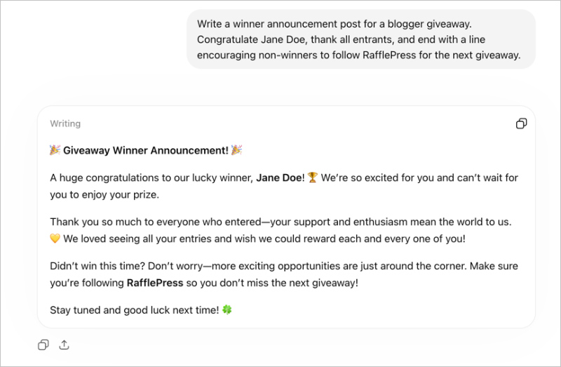 ai-generated-giveaway-winner-announcement-post - RafflePress Generating a giveaway winner announcement post with chatgpt