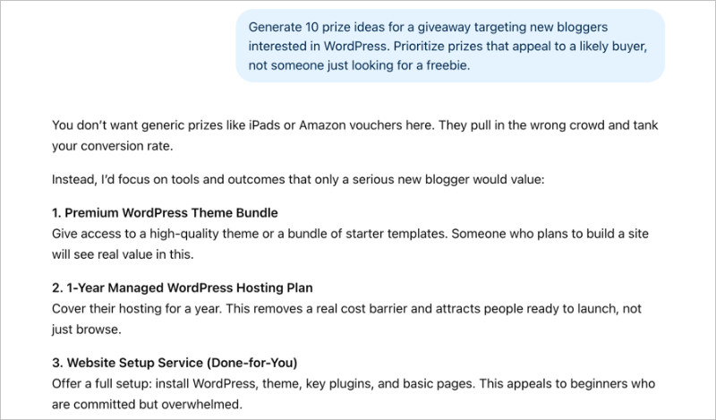 generate-giveaway-prize-ideas-ai - RafflePress Generating prize ideas for a giveaway using AI.