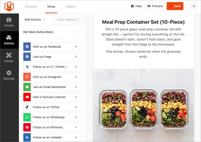RafflePress Actions tab showing available entry action categories
