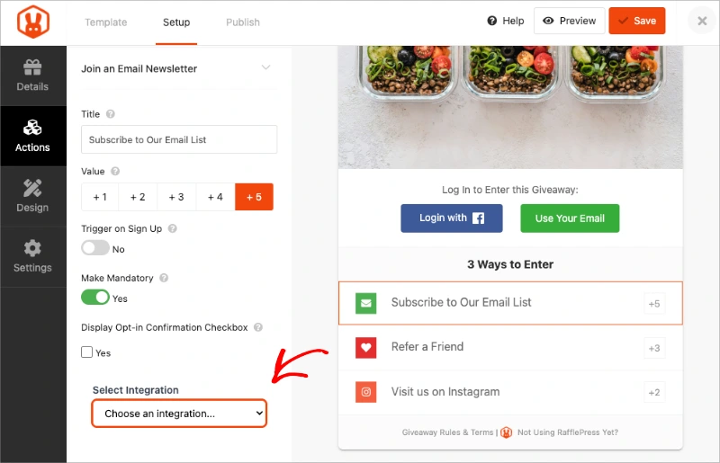 RafflePress email subscribe action expanded with the Select an Integration dropdown
