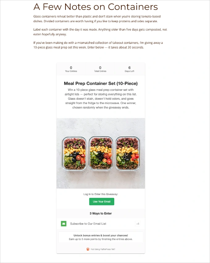 Live RafflePress giveaway embedded inside an existing WordPress blog post