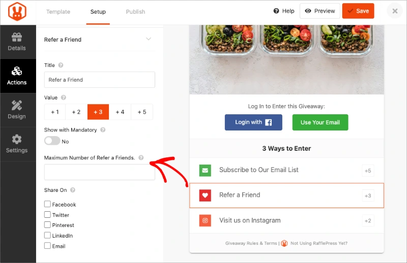 RafflePress refer-a-friend entry action settings in the giveaway builder
