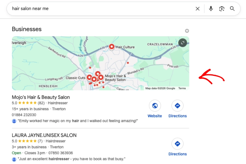 Web search of hair salons near me displaying google business profiles