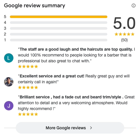 Google reviews of a hair salon displayed in search results