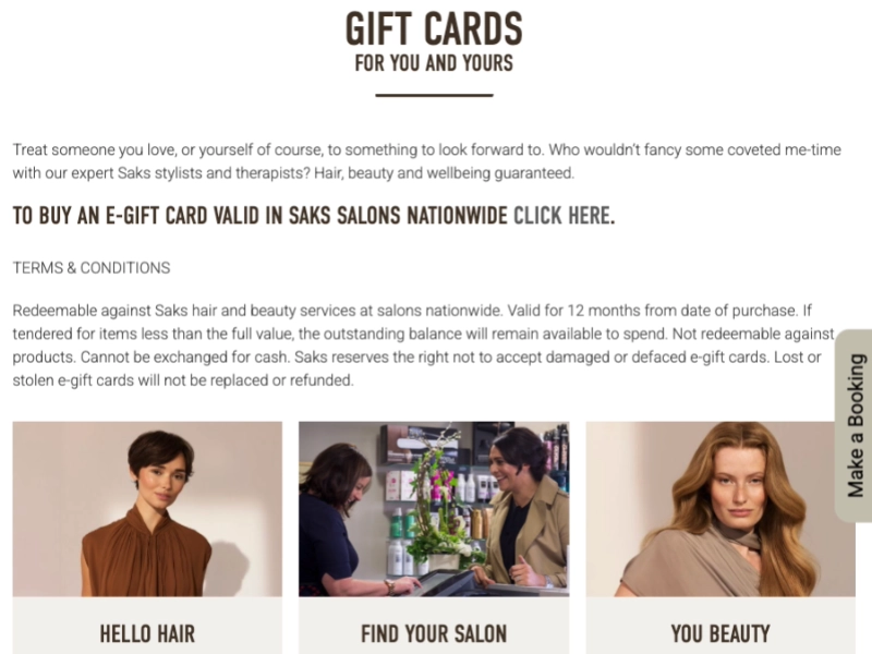 Salon website offering e-gift cards redeemable in salon.