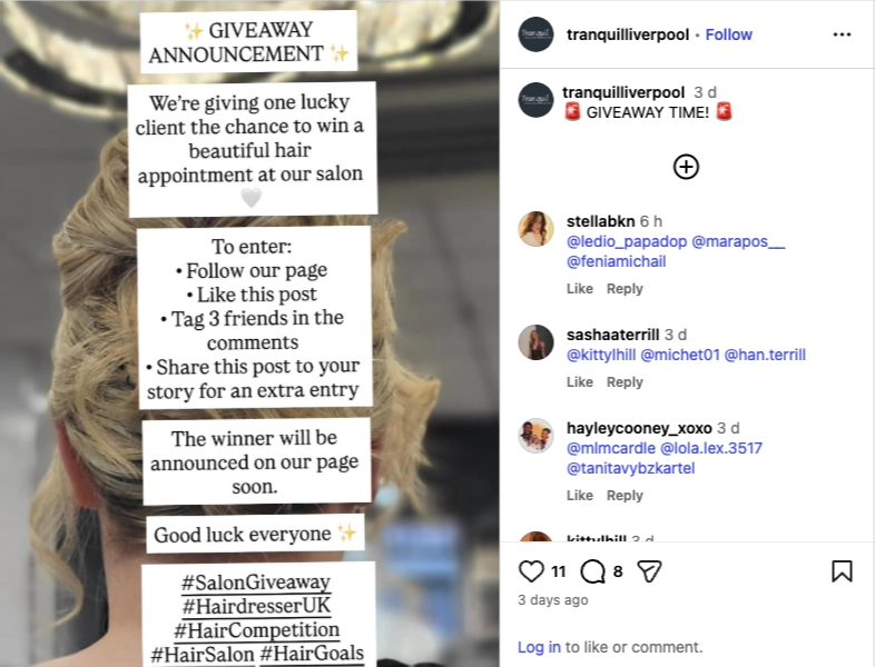 Example of a salon running a giveaway to win a hair appointment promoted on instagram.