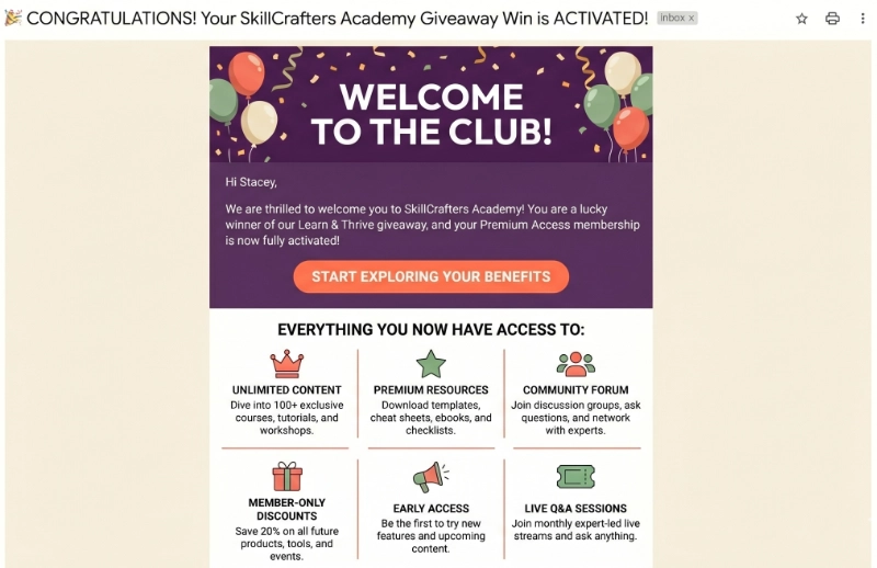 membership-site-giveaway-welcome-email - RafflePress Welcome email after winning a membership site giveaway