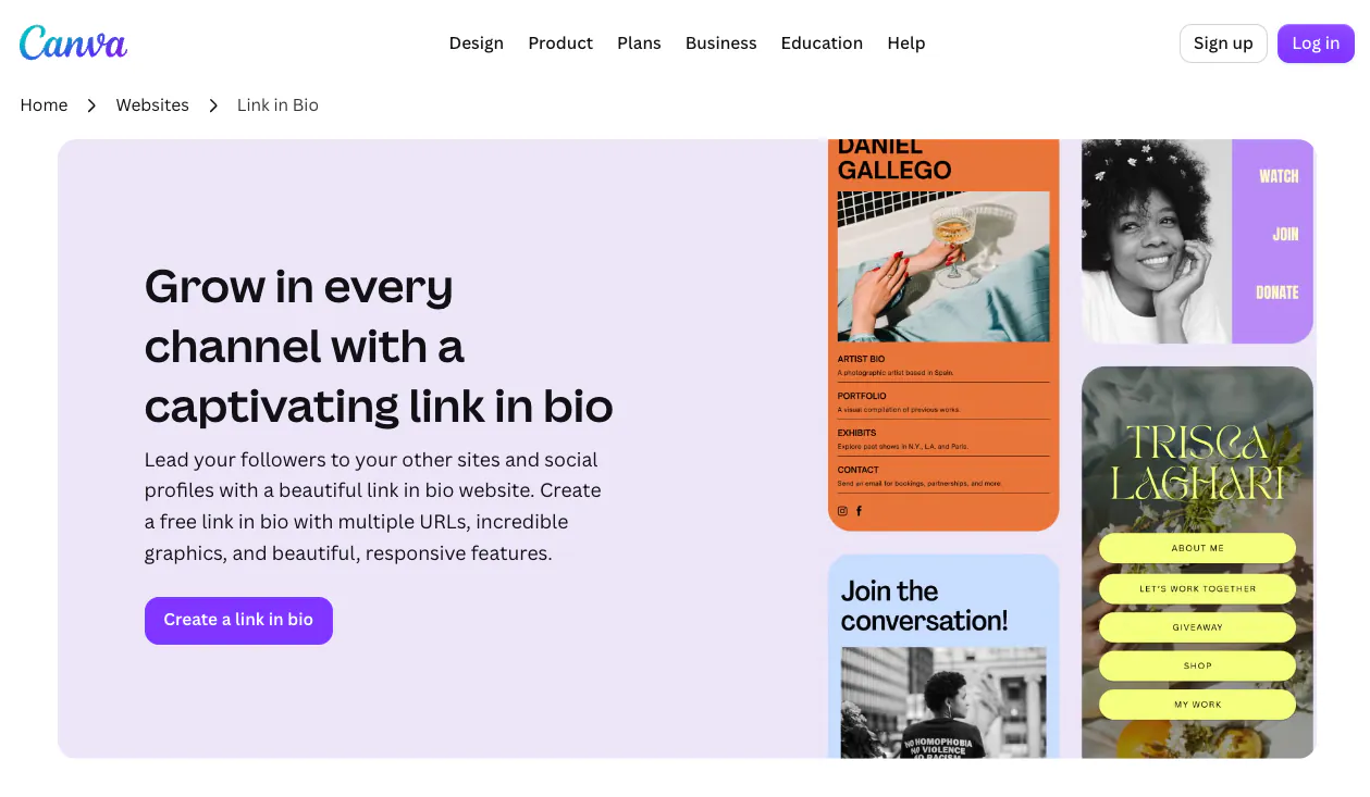 Canva Link in Bio editor showing drag-and-drop design templates