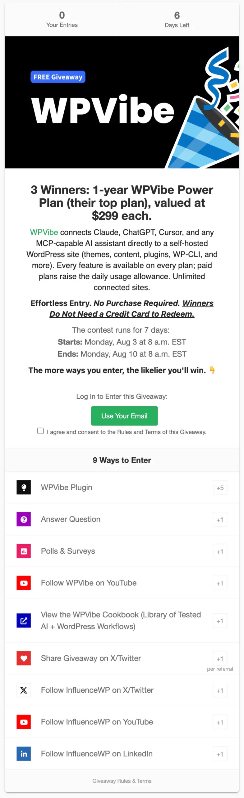 Example RafflePress-built giveaway with a prize, one-week window, and entry actions with the most valuable action weighted highest